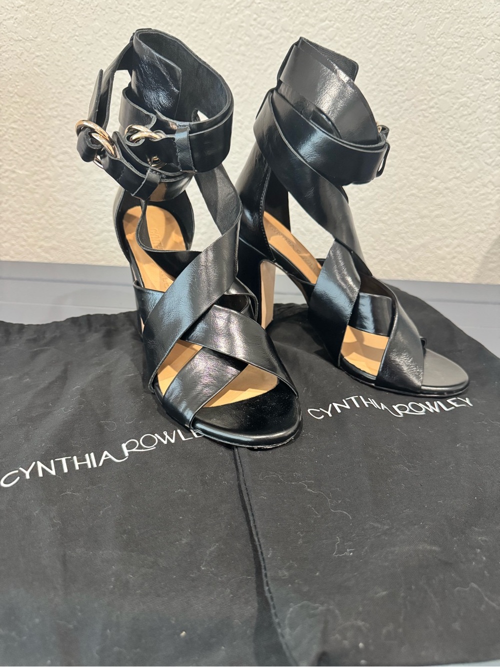 Cynthia Rowley Black Leather Crisscross Wrap Heel Sandals